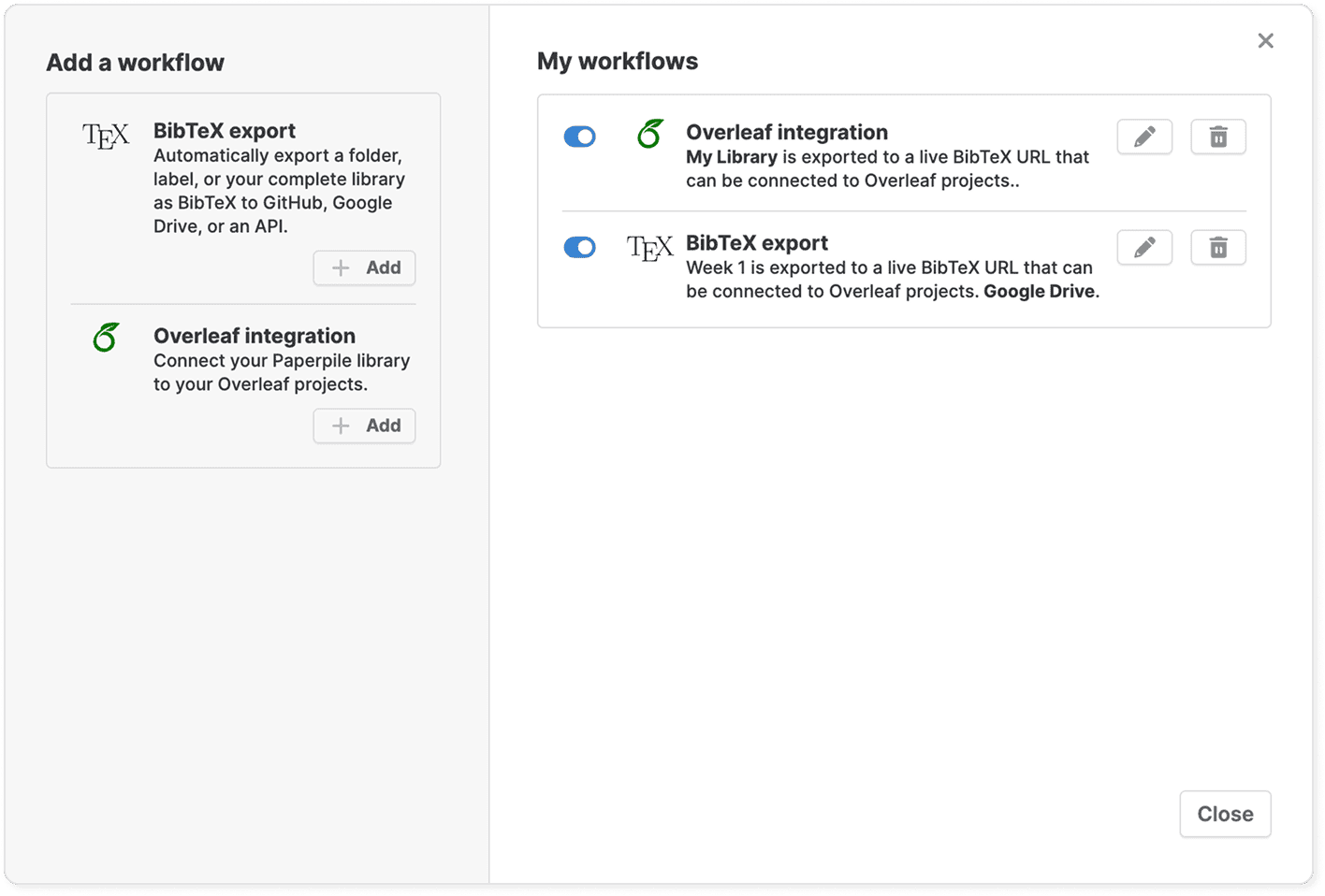 The Workflows and Integrations window with “Add a workflow” cards for BibTeX export and Overleaf integration on the left, and “My workflows” on the right listing two active workflows with edit and delete buttons.